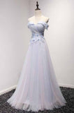 Sky Blue A-Line Off-the-Shoulder Floor-Length Tulle Prom Dresses with Appliques Lace RJS955