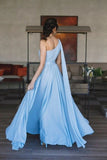 Sky Blue A Line One Shoulder Chiffon Floor Length Prom Dresses Rjerdress