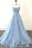 Sky Blue A Line Tulle Spaghetti Straps Criss Cross Back Prom Dresses With Lace Appliques Rjerdress