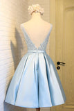 Sky Blue A-Line V-Neck Short Cocktail Dresses Appliques Lace Homecoming Dresses Rjerdress