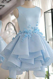 Sky Blue A-line Scoop Neck Satin Tulle Short Flowers Original Mini Dress Homecoming Dress Rjerdress