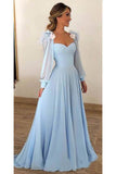 Sky Blue Chiffon Prom Dresses Long Sleeves Modest Formal Dress Rjerdress