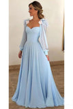 Sky Blue Chiffon Prom Dresses Long Sleeves Modest Formal Dress Rjerdress