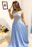 Sky Blue Long Scoop Chiffon Formal Dresses Long Beads Sleeveless Prom Dresses RJS434
