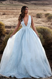 Sky Blue Sleeveless V-neck Long Prom Dresses Uk BD0405 Rjerdress