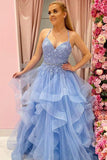Sky Blue Spaghetti Straps Tulle Floor Length V Neck Prom dresses with Appliques