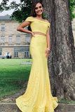 Slash Neck Two Piece Lace Mermaid Yellow Prom Dress Rjerdress