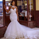 Sleeveless High Neck Lace Wedding Dresses Mermaid Beads Lace Appliques Wedding Gowns