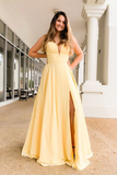 Sleeveless Sweetheart A Line Side Slit Satin Light Yellow Long Prom Dresses Evening Dresses Rrjs299 Rjerdress