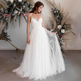 Smiple Tulle Spaghetti Straps Sweetheart Wedding Dresses With Lace Appliques Beach Bride Gown