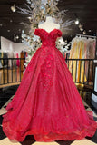 Chic Ball Gown V Neck Beads Appliques Red Off-the-Shoulder Long Quinceanera Dresses RJS139