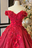 Chic Ball Gown V Neck Beads Appliques Red Off-the-Shoulder Long Quinceanera Dresses RJS139