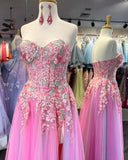 A Line Strapless Tulle With Applique Floor Length Prom Dresses Zipper Up