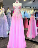 A Line Strapless Tulle With Applique Floor Length Prom Dresses Zipper Up