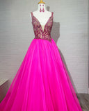 Elegant A-Line Tulle Beads V-Neck Sleeveless Open Back Prom Dresses UK RJS536