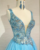 Elegant A-Line Tulle Beads V-Neck Sleeveless Open Back Prom Dresses UK RJS536