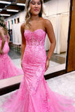 A Line Strapless Sweetheart Lace Appliques Tulle Long Prom Dresses RJS902