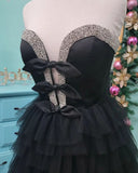 Long Black Sexy Tulle Strapless Lace up Sweetheart A-Line Beads Prom Dresses UK Rrjs422