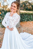 Soft Lace & Chiffon Wedding Dresses A Line Long Sleeves High Neck