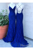 Spaghetti Crossed Straps Royal Blue Mermaid Prom Dresses V Neck Lace Formal Dresses Rjerdress