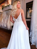 Spaghetti Strap Beaded Wedding Dress Ivory Chiffon V Neck Rustic Wedding Dresses Rjerdress