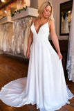 Spaghetti Strap Beaded Wedding Dress Ivory Chiffon V Neck Rustic Wedding Dresses Rjerdress