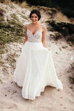 Spaghetti Strap Beaded Wedding Dress Ivory Chiffon V Neck Rustic Wedding Dresses RrRRRJS478