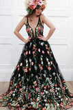 Spaghetti Strap Black Prom Dresses Floral Formal Dress Evening Dresses Rjerdress