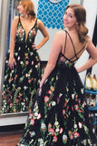 Spaghetti Strap Black Prom Dresses Floral Formal Dress Evening Dresses Rjerdress