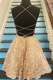 Spaghetti Strap Vintage Gold Lace Applique Criss Cross Short Homecoming Dresses RJS765 Rjerdress