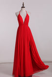 Spaghetti Straps A Line Chiffon With Slit Open Back Party Dresses Rjerdress