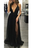 Spaghetti Straps A Line Evening Dresses Tulle With Slit Rjerdress