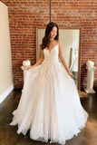 Spaghetti Straps A Line Tulle Wedding Dresses, Lace Appliques Long Bridal Gowns Rjerdress