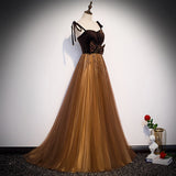 Spaghetti Straps A Line Velvet & Tulle Prom Dresses With Beading Floor Length Rjerdress