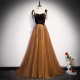 Spaghetti Straps A Line Velvet & Tulle Prom Dresses With Beading Floor Length