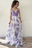 Spaghetti Straps A-line Prom Dresses Lace Floral V Neck Purple Formal Dresses RJS529 Rjerdress