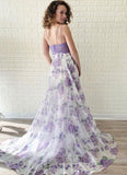 Spaghetti Straps A-line Prom Dresses Lace Floral V Neck Purple Formal Dresses RJS529 Rjerdress