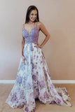Spaghetti Straps A-line Prom Dresses Lace Floral V Neck Purple Formal Dresses RJS529