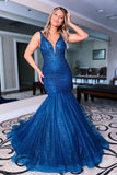 Spaghetti Straps Beading Sequin Mermaid Prom Evening Dresses Sweep Train