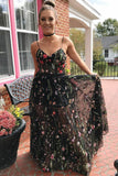 Spaghetti Straps Beautiful Long Embroidery Black Prom Dresses