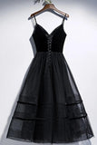 Spaghetti Straps Black Prom Dress Tea Length Lace Up Simple Homecoming Dresses