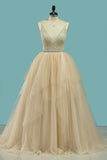 Spaghetti Straps Bridal Dresses A Line Tulle & Lace With Beaded Waistline Rjerdress