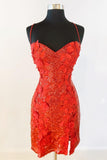 Spaghetti Straps Homecoming Dresses Sheath Sequins With Applique Flower Short/Mini Rjerdress