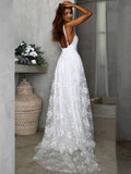 Spaghetti Straps  Lace Open Back Long Wedding Dresses Elegant Beach Wedding Dresses Rjerdress