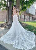Spaghetti Straps Lace Open Back With Applique Sweep Train Wedding Dresses Rjerdress