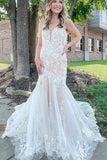Spaghetti Straps Lace Open Back With Applique Sweep Train Wedding Dresses