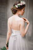 Spaghetti Straps Lace Top Light Grey A-line Tulle Simple Design Beach Wedding Dresses Rjerdress