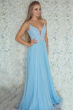 Spaghetti Straps Light Blue V-Neck Beading Long A-Line Prom Dresses Prom Gowns Rjerdress