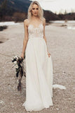 Spaghetti Straps Long Ivory Lace Chiffon Simple Elegant Beach Wedding Dresses Rjerdress