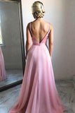 Spaghetti Straps Long V-Neck Simple Flowy Pink Prom Dresses Prom Gowns Rjerdress